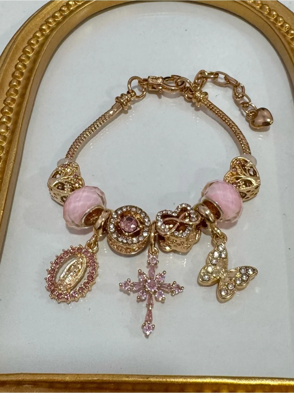 New Gold-Tone Pink Charm Bracelet with Cross, Butterfly & Heart Accents